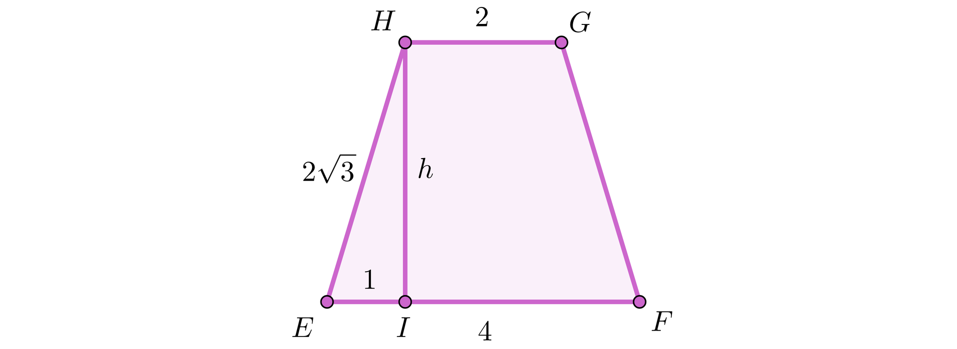 Ilustracja przedstawia trapez E F G H, w którym z wierzchołka H opuszczono wysokość h na bok EF, jej spodek podpisano literą I. Podstawa EF ma długość 4, podstawa GH ma długość dwa. Ramię EH ma długość 23.