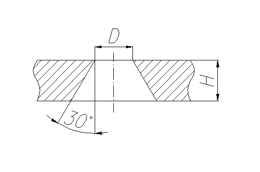 Na ilustracji przedstawiony jest model w kształcie podobnym do trapezu równoramiennego. Przez środek modelu przebiega linia symetrii. Po bokach modelu są zakreskowane fragmenty materiału. U góry jest oznaczenie długości średnicy modelu duża literą D, z boku zaznaczona jest wysokość modelu dużą literą H, natomiast u dołu znajduj się dwie linie pomocnicze, które odchodzą od boku trapezu oraz od podstawy. Między liniami tworzy się kąt trzydziestu stopni. 