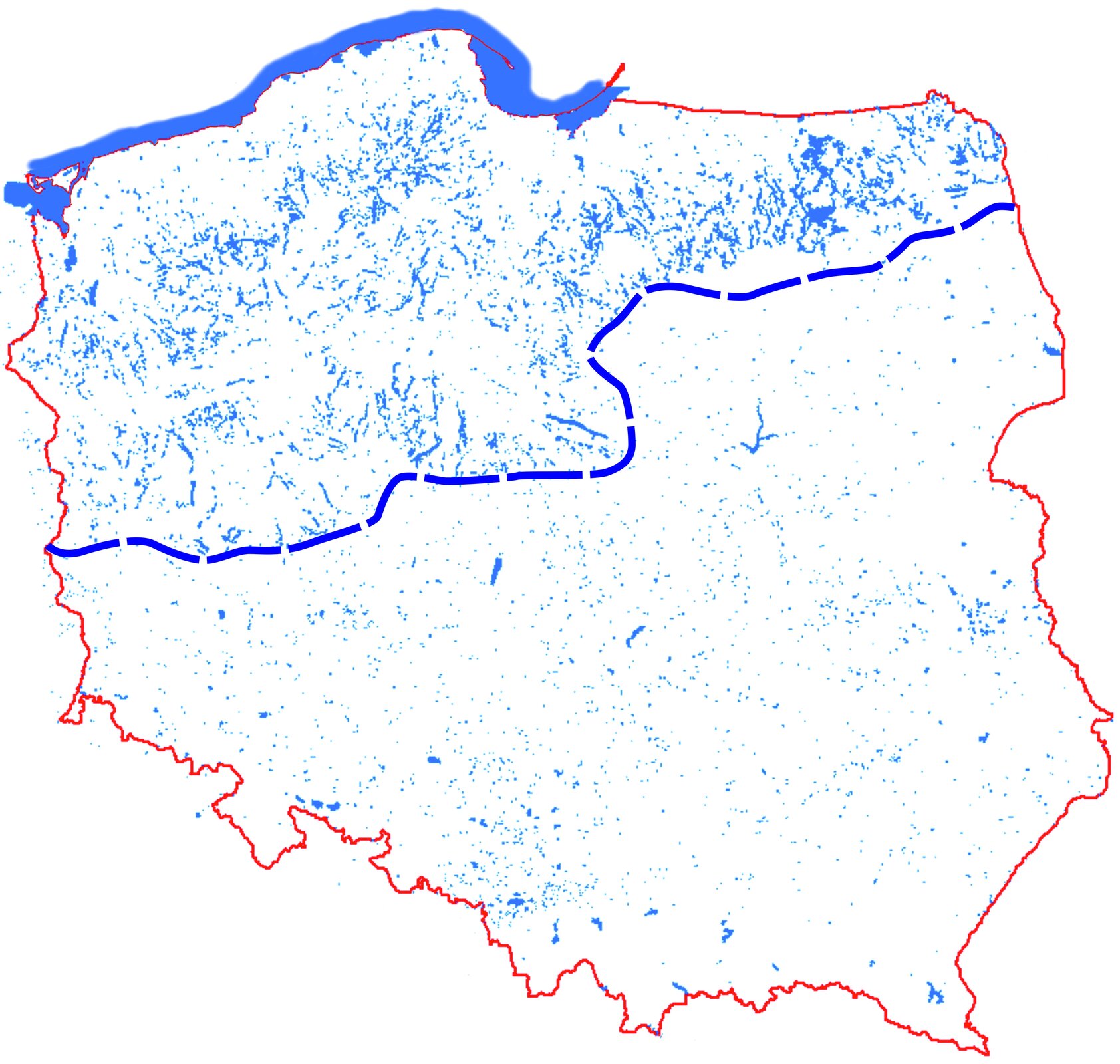 Na mapie Polski zaznaczono granicę ostatniego zlodowacenia. Granica biegnie od okolic Gubina przez Zieloną Górę, Leszno, na północ od Konina w kierunku Płocka, a następnie na wschód od Wisły przez Nidzicę, Szczytno, Grajewo i Augustów w stronę Grodna. Najwięcej jezior jest na północ od granicy zlodowacenia. 