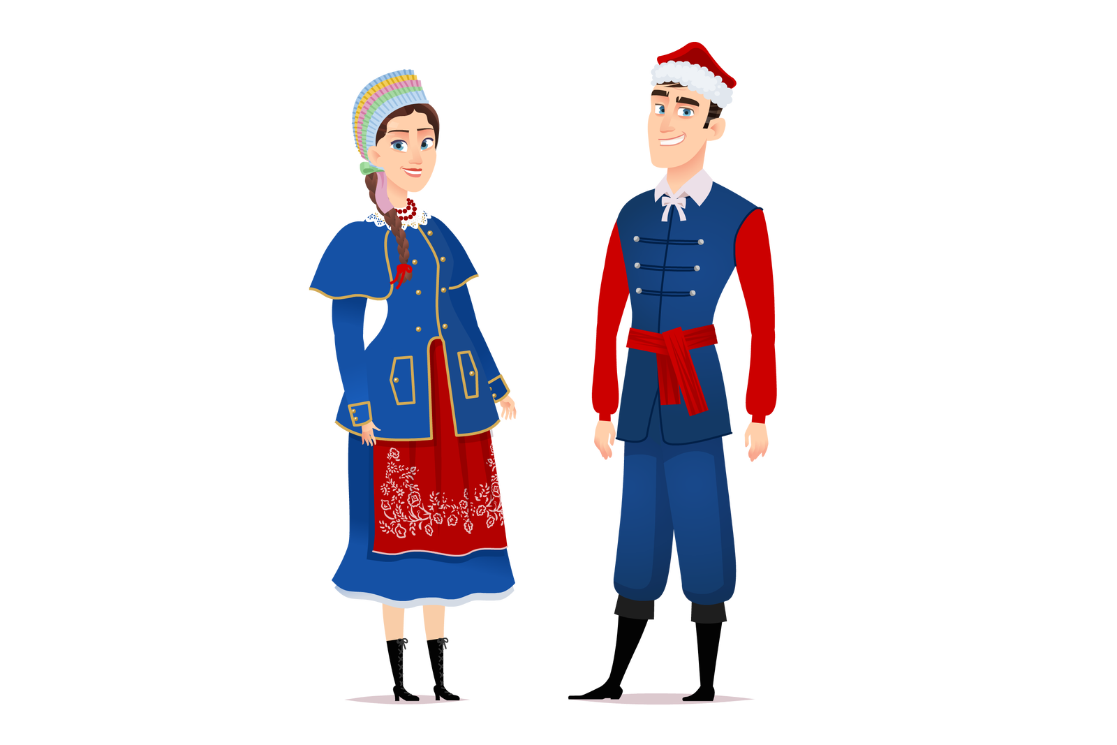 Ilustracja przedstawia kobietę i mężczyznę na białym tle. Kobieta, stojąca z lewej strony, ma na sobie szeroką, sięgającą kostek niebieską spódnicę; czerwony fartuch w białe, roślinne wzory, oraz niebieski, sięgający bioder niebieski kaftan z długimi rękawami oraz złotymi zdobieniami. Kobieta ubrana jest w kolorowy czepek z marszczonego materiału i czarne buty o wysokich cholewkach na niskim obcasie. Mężczyzna, stojący z prawej strony, ma na sobie czerwony kaftan; niebieską kamizelkę bez rękawów; czerwony wiązany pas; szerokie, niebieskie spodnie oraz czarne buty z wysokimi cholewkami. Męszczyzna nosi czerwoną czapkę wykończoną białym, wełnianym materiałem. Para jest uśmiechnięta. 