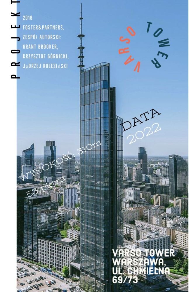 Zdjęcie przedstawia budynek Varso Tower w Warszawie. Ma prostą bryłę w formie spłaszczonego prostopadłościanu, wykonanego ze szkła i metalu. Na szczycie znajduje się wieżyczka. Budynek uchodził za najwyższy w Polsce w 2023 roku.