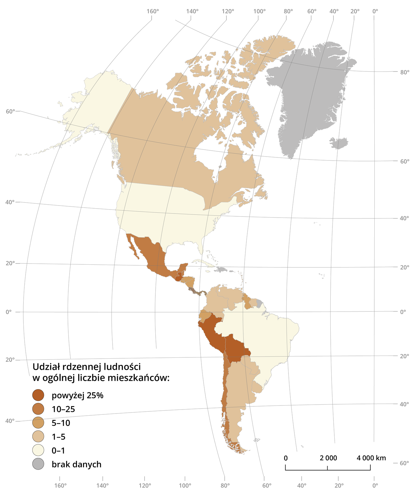Mapa polityczna obu Ameryk, na której przedstawiono różnymi kolorami udział rdzennej ludności w ogólnej liczbie mieszkańców. Pokryta siatką geograficzną z południkami i równoleżnikami co dwadzieścia stopni. W prawym dolnym rogu pozioma podziałka, gdzie jeden odcinek to dwa tysiące kilometrów.
Powyżej dwudziestu pięciu procent rdzennej ludności mieszka w Gwatemali, Peru, Boliwii. 
Od dziesięciu do dwudziestu pięciu procent zamieszkuje Meksyk, Belize, Chile.
Od pięciu do dziesięciu procent zamieszkuje Salwador, Honduras, Nikaraguę, Gujanę, Ekwador.
Od jednego do pięciu procent zamieszkuje Kanadę, Kolumbię, Wenezuelę, Surinam, Argentynę, Paragwaj, Urugwaj.
Od zera do jednego procenta zamieszkuje Stany Zjednoczone, Kubę, Jamajkę, Brazylię.
Brak danych dla Gujany Francuskiej, Dominikany, Haiti, Portoryko.