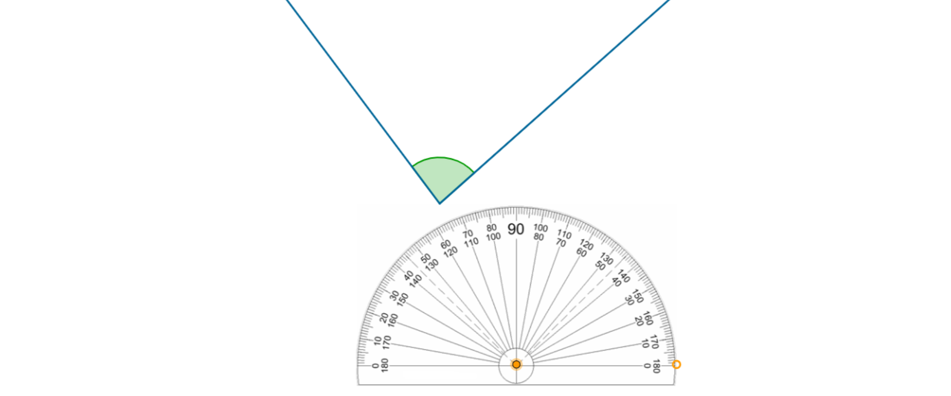 Na rysunku znajduje się kąt ostry. Pod kątem znajduje się kątomierz.