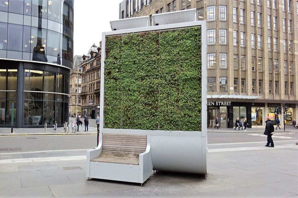 Na ilustracji ukazano instalację CityTree w Glasgow. Jest to biała, prostokątna konstrukcja, której środek porośnięty jest mchem. Na dole znajduje się drewniana ławka.