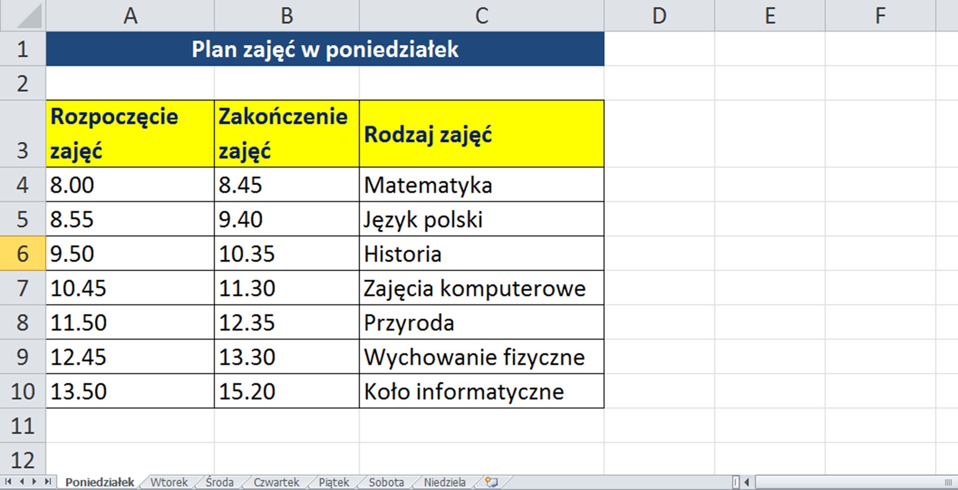 Zrzut arkusza z przykładową sformarowaną tabelą