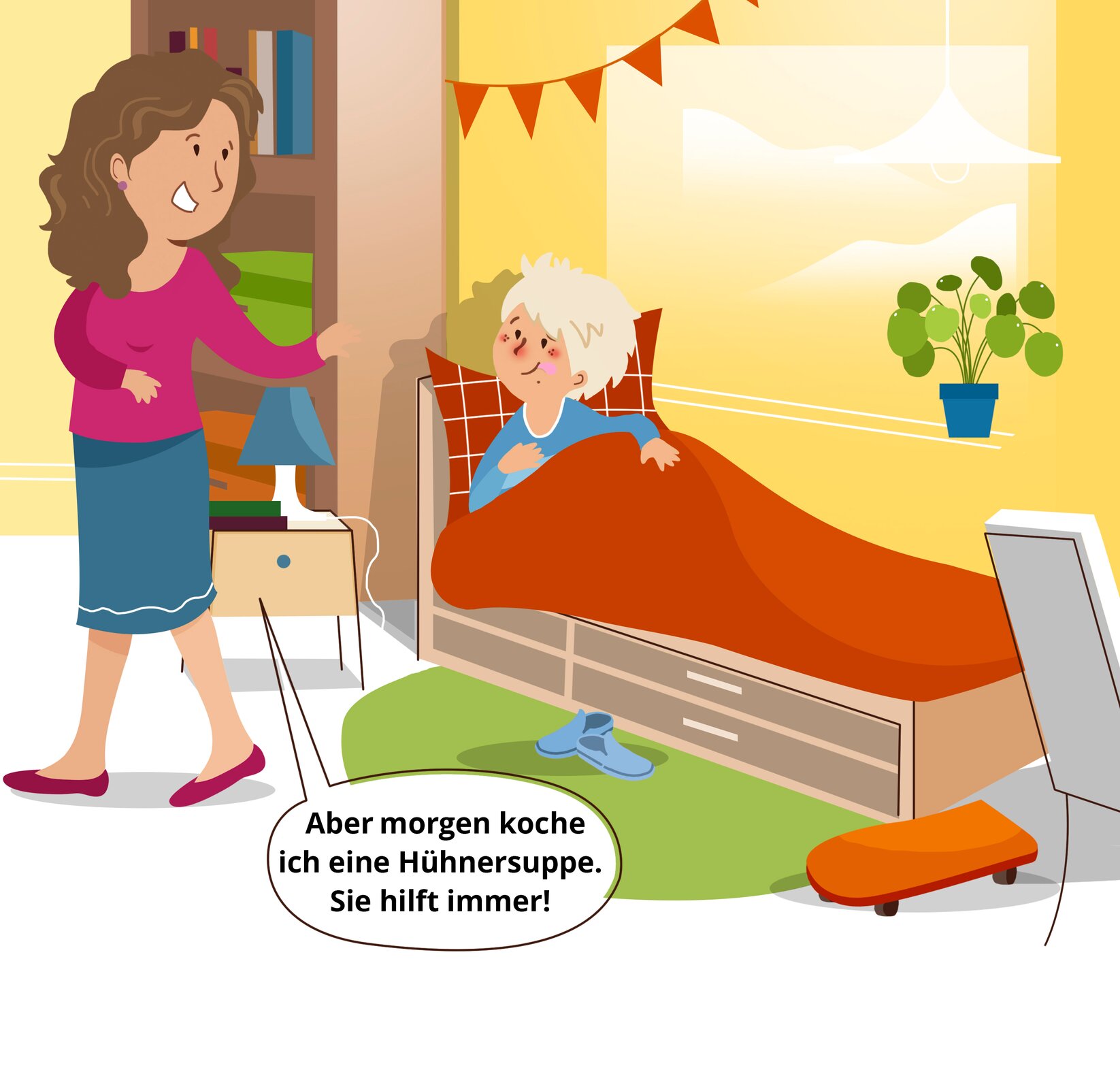 Ilustracja przedstawia ten sam pokój, co wcześniej. Mama Fabiana wychodzi z pokoju, jest jeszcze częściowo odwrócona w stronę chłopca. Fabian leży i uśmiecha się do mamy. Obok kobiety jest dymek z następującą wypowiedzią:  Aber morgen koche ich eine Hühnersuppe. Sie hilft immer!