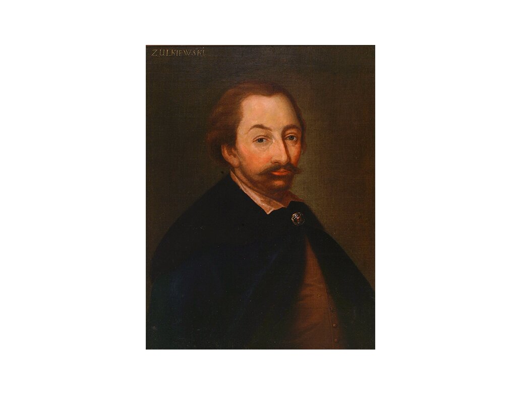 Obraz przedstawia Stanisława Żółkiewskiego, siedzi pod kątem ciałem skierowany na prawo, twarzą zwrócony do przodu. Mężczyzna ma wąsy i włosy zaczesane do tyłu.