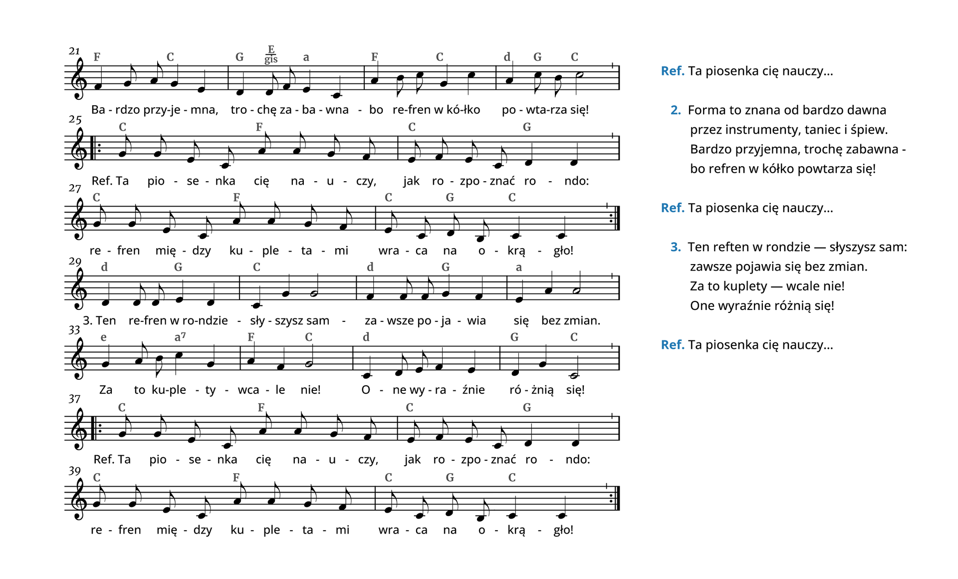 Materiał przedstawia partyturę utworu „Na okrągło”. Autorem słów jest Arleta Niciewicz‑Tarach, muzyka została napisana przez Monikę Gromek oraz Michała Józwiaka. Utwór jest napisany w metrum cztery czwarte, w tonacji C‑dur. Wszystkie dźwięki znajdują się w obrębie oktaw małej oraz razkreślnej i są zapisane w kluczu wiolinowym.
W takcie dwudziestym pierwszym na miarę pierwszą śpiewana jest ćwierćnuta f, na miarę drugą ósemki g oraz a, na miarę trzecią ćwierćnuta g, a na miarę czwartą ćwierćnuta e. W takcie grane są akordy: F‑dur na pierwsze dwie miary oraz C‑dur na miary trzecią oraz czwartą. W takcie dwudziestym drugim na pierwszą miarę śpiewana jest ćwierćnuta d, na miarę drugą ósemki d oraz f, na miarę trzecią ćwierćnuta e, a na czwartą miarę ćwierćnuta c. W takcie grane są akordy: G‑dur na pierwszą miarę, E‑dur z gis w basie (pierwszy przewrót) na miarę drugą oraz a‑moll na miary trzecią oraz czwartą. W takcie dwudziestym trzecim na pierwszą miarę śpiewana jest ćwierćnuta a, na miarę drugą ósemki h oraz c, na miarę trzecią ćwierćnuta g, a na czwartą miarę ćwierćnuta c. W takcie grane są akordy: F‑dur na pierwsze dwie miary oraz C‑dur na miary trzecią oraz czwartą. W ostatnim takcie drugiej zwrotki, czyli dwudziestym czwartym, na pierwszą miarę śpiewana jest ćwierćnuta a, na miarę drugą ósemki c oraz h, a na miary trzecią oraz czwartą półnuta c. W takcie grane są akordy: d‑moll na pierwszą miarę, G‑dur na miarę drugą oraz C‑dur na miary trzecią oraz czwartą.
W linijkach drugiej oraz trzeciej na drugiej stronie, czyli w taktach od dwudziestego piątego do dwudziestego ósmego zapisano refren utworu. W dwudziestym piątym takcie na początku zapisano początek repetycji. Na pierwszą miarę śpiewane są dwie ósemki g, na miarę drugą są ósemki e oraz c, dalej, na miarę trzecią dwie ósemki a, natomiast na miarę czwartą ósemki g oraz f. W takcie grane są akordy: C‑dur na pierwsze dwie miary oraz F‑dur na miary trzecią oraz czwartą. W takcie dwudziestym szóstym na miarę pierwszą śpiewane są dwie ósemki: e oraz f, dalej na miarę drugą e i c, natomiast na miary trzecią i czwartą ćwierćnuty d. W takcie grane są akordy: C‑dur na pierwsze dwie miary oraz G‑dur na miary trzecią oraz czwartą.
W dwudziestym siódmym takcie na pierwszą miarę wykonywane są dwie ósemki g. Na miarę drugą śpiewane są ósemki e oraz c, dalej, na miarę trzecią dwie ósemki a, natomiast na miarę czwartą ósemki g oraz f. W takcie grane są akordy: C‑dur na pierwsze dwie miary oraz F‑dur na miary trzecią oraz czwartą. W takcie dwudziestym ósmym na pierwszą miarę śpiewane są ósemki e oraz c, na miarę drugą ósemki d oraz h, a na miary trzecią oraz czwartą ćwierćnuty c. W takcie grane są akordy: C‑dur na pierwszą miarę, G‑dur na miarę drugą oraz ponownie C‑dur na miary trzecią oraz czwartą. Pod koniec taktu dwudziestego ósmego zapisano koniec repetycji.
W linijkach czwartej oraz piątej na drugiej stronie, czyli w taktach od dwudziestego dziewiątego do trzydziestego szóstego zapisano trzecią zwrotkę utworu. W takcie dwudziestym dziewiątym na pierwszą miarę śpiewana jest ćwierćnuta d, na miarę drugą dwie ósemki d, na trzecią miarę ćwierćnuta e, a na miarę czwartą ćwierćnuta d. W takcie grane są akordy: d‑moll na pierwsze dwie miary oraz G‑dur na miary trzecią oraz czwartą. W takcie trzydziestym na pierwszą miarę śpiewana jest ćwierćnuta c, na miarę drugą ćwierćnuta g, a na miary trzecią oraz czwartą zapisano półnutę g. W takcie grany jest akord C‑dur. W trzydziestym pierwszym takcie na pierwszą miarę śpiewana jest ćwierćnuta f, na miarę drugą dwie ósemki f, na miarę trzecią ćwierćnuta g, a na miarę czwartą ćwierćnuta f. W takcie grane są akordy: d‑moll na pierwsze dwie miary oraz G‑dur na miary trzecią oraz czwartą. W trzydziestym drugim takcie na pierwszą miarę zapisano ćwierćnutę e, na miarę drugą ćwierćnutę a, natomiast na miary trzecią oraz czwartą półnutę a. W takcie grany jest akord a‑moll.
W takcie trzydziestym trzecim na pierwszą miarę śpiewana jest ćwierćnuta g, na miarę drugą ósemki a oraz h, na miarę trzecią ćwierćnuta c, a na czwartą miarę ćwierćnuta g. W takcie grane są akordy: na pierwsze dwie miary e‑moll, na miary trzecią oraz czwartą a‑moll z septymą małą. W takcie trzydziestym czwartym na pierwszą miarę śpiewana jest ćwierćnuta a, na miarę drugą ćwierćnuta f, a na miary trzecią oraz czwartą półnuta g. W takcie grane są akordy: F‑dur na pierwsze dwie miary oraz C‑dur na miary trzecią oraz czwartą. W trzydziestym piątym takcie na pierwszą miarę śpiewana jest ćwierćnuta c, na miarę drugą ósemki d oraz e, na trzecią miarę ćwierćnuta f, a na miarę czwartą ćwierćnuta e. W takcie grany jest akord d‑moll. W ostatnim takcie trzeciej zwrotki, czyli w trzydziestym szóstym, na pierwszą miarę śpiewana jest ćwierćnuta d, na miarę drugą ćwierćnuta g, a na miary trzecią oraz czwartą półnuta c. W takcie grane są akordy: G‑dur na pierwsze dwie miary oraz C‑dur na miary trzecią oraz czwartą.
W linijkach szóstej oraz siódmej na drugiej stronie, czyli w taktach od trzydziestego siódmego do czterdziestego zapisano refren utworu. W trzydziestym siódmym takcie zapisano początek repetycji. Na pierwszą miarę śpiewane są dwie ósemki g. Na miarę drugą wykonywane są ósemki e oraz c, dalej, na miarę trzecią dwie ósemki a, natomiast na miarę czwartą ósemki g oraz f. W takcie grane są akordy: C‑dur na pierwsze dwie miary oraz F‑dur na miary trzecią oraz czwartą. W takcie trzydziestym ósmym na miarę pierwszą śpiewane są dwie ósemki: e oraz f, dalej na miarę drugą e i c, natomiast na miary trzecią i czwartą ćwierćnuty d. W takcie grane są akordy: C‑dur na pierwsze dwie miary oraz G‑dur na miary trzecią oraz czwartą.
W trzydziestym dziewiątym takcie na pierwszą miarę wykonywane są dwie ósemki g. Na miarę drugą śpiewane są ósemki e oraz c, dalej, na miarę trzecią dwie ósemki a, natomiast na miarę czwartą ósemki g oraz f. W takcie grane są akordy: C‑dur na pierwsze dwie miary oraz F‑dur na miary trzecią oraz czwartą. W takcie czterdziestym na pierwszą miarę śpiewane są ósemki e oraz c, na miarę drugą ósemki d oraz h, a na miary trzecią oraz czwartą ćwierćnuty c. W takcie grane są akordy: C‑dur na pierwszą miarę, G‑dur na miarę drugą oraz ponownie C‑dur na miary trzecią oraz czwartą. Pod koniec taktu czterdziestego zapisano koniec repetycji.

