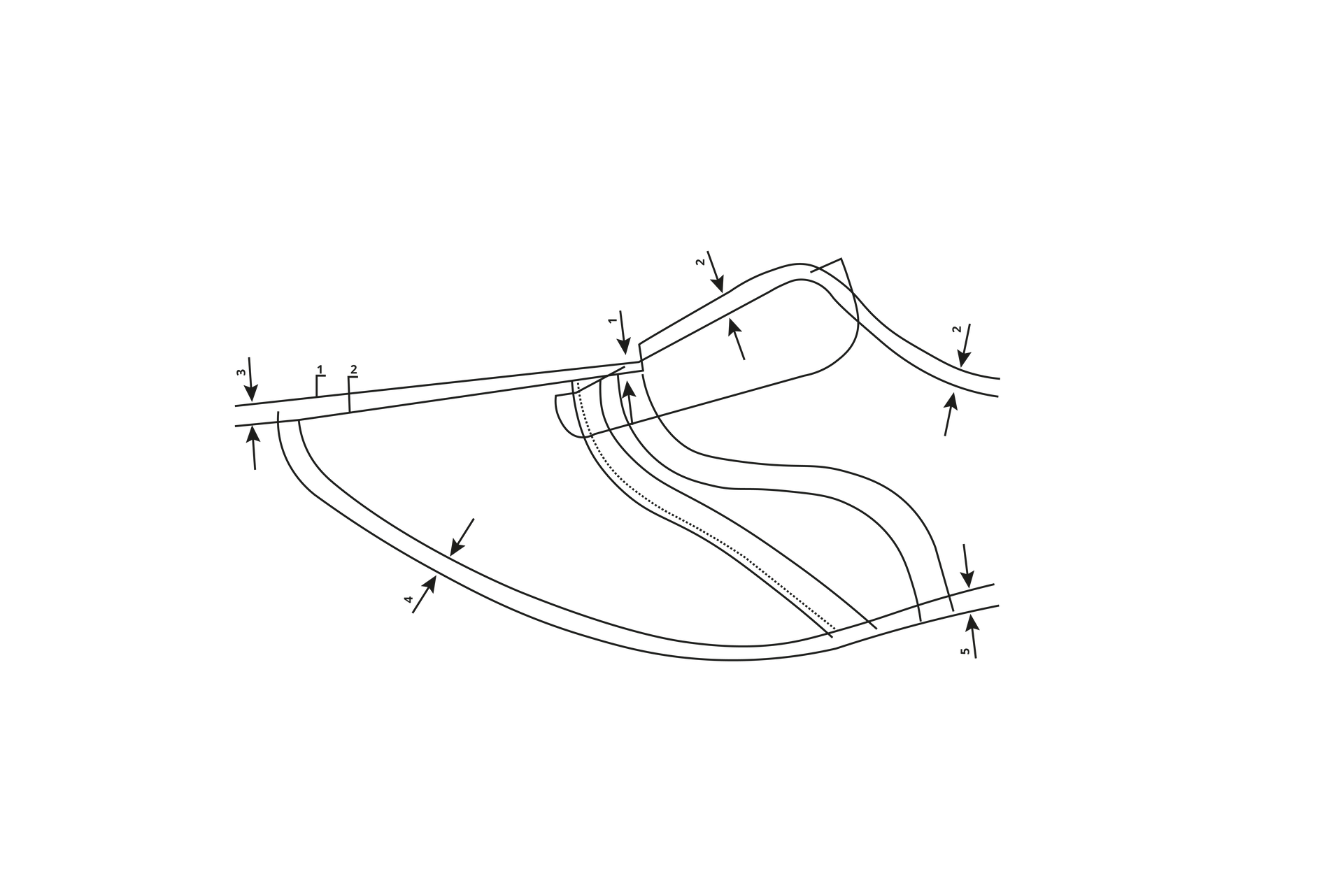 Grafika przedstawia model podstawowy podszewki obuwia przyszewkowego z zaznaczonymi liniami i punktami pomocniczymi.