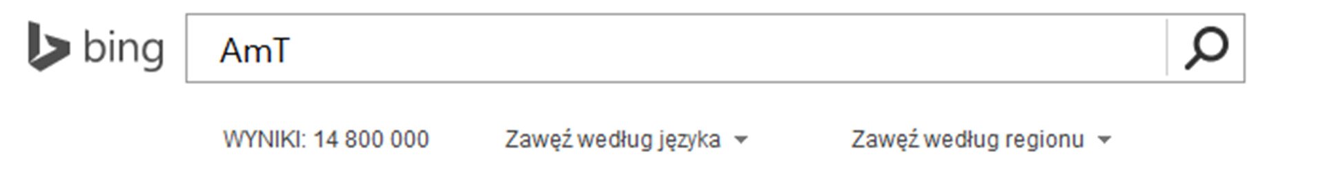 Zrzut paska wyszukiwarki Bing z wpisanym AmT oraz widocznym wynikiem wyszukiwania