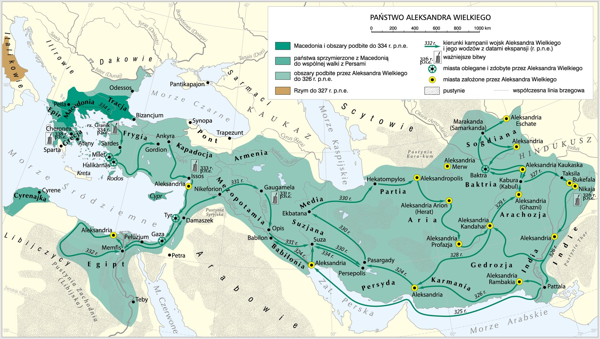 Mapa przedstawia Państwo Aleksandra Wielkiego.  Macedonia i obszary podbite do 334 r. p.n.e. obejmowały teren południowej Bułgarii i Grecji. Państwa sprzymierzone z Macedonią do wspólnej walki z Persami  to północna Libia oraz część Grecji.  Obszary podbite przez Aleksandra Wielkiego do 326 r. p.n.e. obejmowały teren obecnej Turcji i Iranu.  Rzym do 327 r p.n.e. zajmował tren środkowego Rzymu. Kierunki kampanii wojsk Aleksandra Wielkiego i jego wodzów z datami ekspansji. Początek miał miejsce w mieście Pella w 334 r. p.n.e. przez Sardes, Milet, Halikarnas do Aleksandrii oraz Gordion. Z Ankyra do Issos, Tyr, Gaza, Peluzjum, Memfis, Aleksandria (na północy Afryki) dalej do Memfis w 332 r. p.n.e., Damaszek, Nikeforion w 331 r. p.n.e. do Gaugamela, Opis w 331 r. p.n.e. Suza w  330 r. p.n.e. Persepolis. Z Persepolis w 334 r. p.n.e. do Suza, w 330 r. p.n.e. Ekbatana, Hekatompylos, Aleksandropolis, Aleksansrię Arion (Herat), Aleksandria Profaza, Aleksadria Kandahar. Z Aleksanrii Kahdar w 328 r. p.n.e. do Aleksrandrii Z Pattala w 326 r. p.n.e. do Aleksandrii (przy Babilonii). Z Aleksandrii (przy Babilonii) w 329 r p.n.e. do Aleksandrii (Ghazni) do Kabura (Kabul), Baktra, Marakanda (Samarkanda), Aleksandria Eschate, Aleksandria, Baktra, Aleksandria Kaukaska. W 327 r. p.n.e. do Bukefala, Nikaja, Aleksandria i w 326 r. p.n.e. z powrotem do Pattala.  Ważne bitwy Gaugamela 331 r. p.n.e., Issos 333 r. p.n.e., Nikaja 326 r. p.n.e., Cheronea 338 r. p.n.e., Granik 334 r. p.n.e.   Miasta oblegane i zdobyte przez Aleksandra Wielkiego to Baktra, Gaza, Milet, Halikarnas. Miasta założone przez Aleksandra Wielkiego : Nikaja, Bukefala, Aleksandria Kaukaska, Aleksandria, Aleksandria Eschate, Aleksandria Merw, Aleksandropolis, Aleksandria Arion (Herat), Aleksandria Kandahar, Aleksandria Profazja, Aleksandria Rambakia, Aleksandria, Nikeforion, Aleksandria (przy Babilonie). Pustynie : Pustynia Kara- Kum, Pustynia Thar, Pustynia Syryjska, Pustynia Zachodnia (Libijska).   