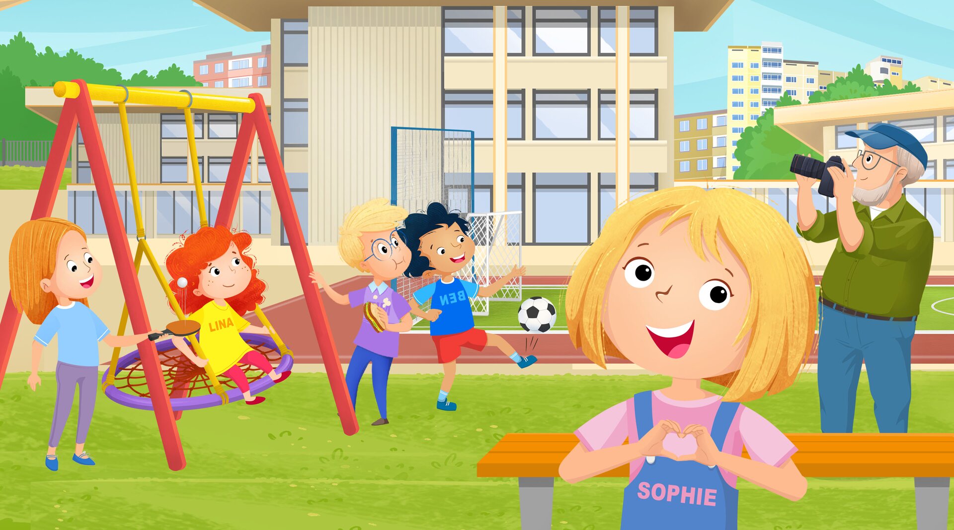 Ilustracja przedstawia dzieci na placu zabaw.