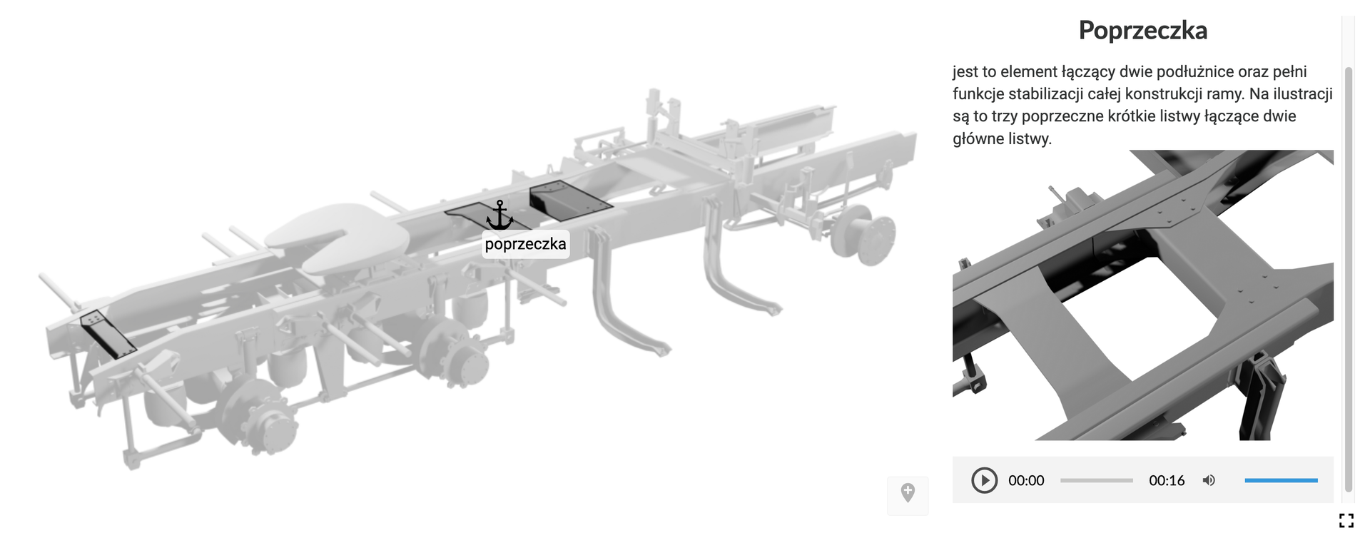 Zrzut ekranu przedstawia ilustrację interaktywną. Z lewej strony znajduje się rysunek ramy pojazdu ciężarowego. Grafika jest rozmyta. Wyraźnie widać tylko ten element, który został kliknięty z listy znajdującej się po prawej stronie. Lista została ukryta, a na jej miejscu, czy po prawej stronie planszy, pojawił się krótki opis elementu, a pod nim grafika z jego zbliżeniem. Poniżej panel z nagraniem dźwiękowym tożsamym z opisem.