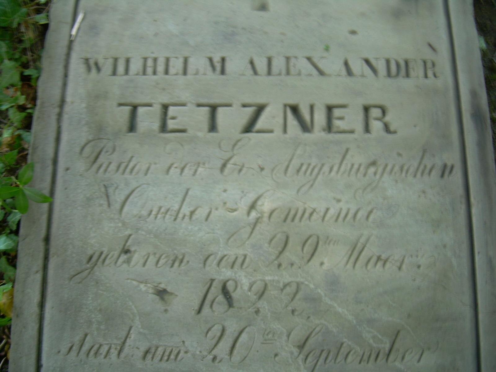 Zdjęcie przedstawia szarą płytę nagrobną, na której wyryte zostały napisane. Na górze znajduje się imię i nazwisko zmarłego, napisane drukowanymi literami: "WILHELM ALEKSANDER TETZNER". Poniżej znajdują się wyryte ozdobnym pismem informacje, które są nieczytelne. Zdjęcie zostało wykonane w świetle dziennym.