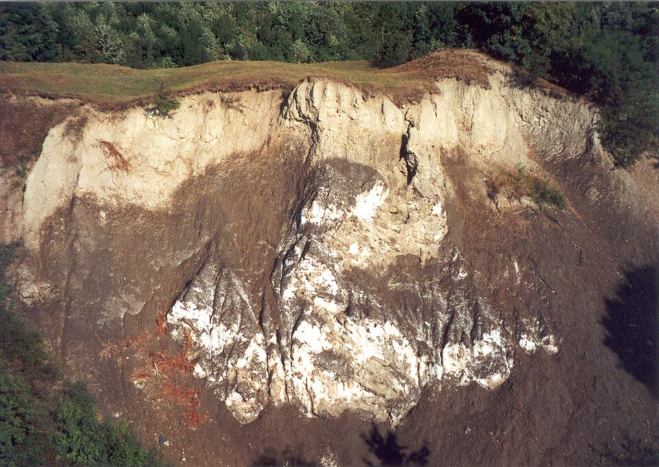 Zdjęcie przedstawia wysoką, stromą skałę o płaskim, pokrytym trawą wierzchołku. Skała w górnej części jest jasnożółta, poniżej tego fragmentu jest brązowa. Duża część brązowego fragmentu skały połyskuje w słońcu.   