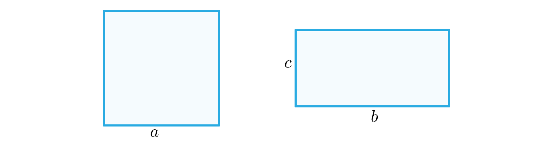 IlustracjaaIlustracja przedstawia kwadrat i prostokąt. Bok kwadratu podpisano literą a. Poziomy bok prostokąta podpisano literą b, pionowy bok prostokąta podpisano literą c. 
