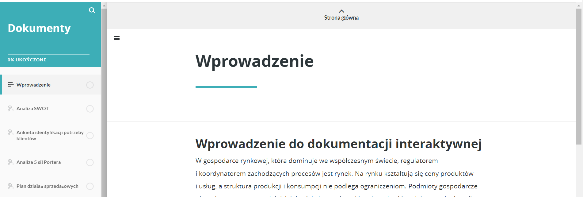 Grafika przedstawia wyświetlony tekst dokumentacji. Posiada on treść o różnej wielkości fontów. Po lewej stronie strony znajduje się menu, w którym znajduje się spis treści dokumentacji. W górnym prawym rogu znajduje się lupka umożliwiająca wyszukiwanie zagadnień oraz procentowy pasek postępu.