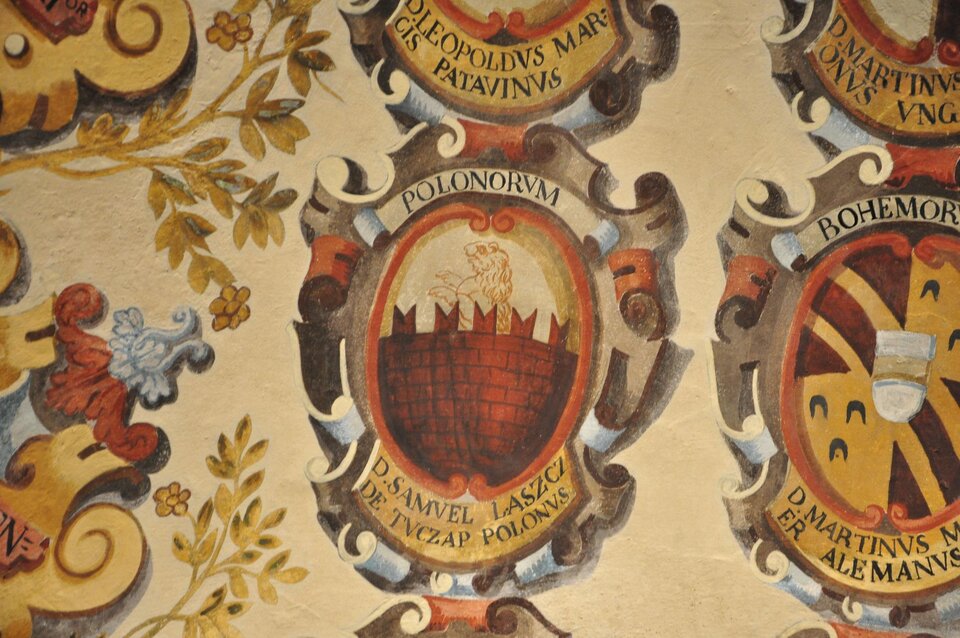 Na ilustracji stare rysunki w formie tarczy. Jedna z nich, środkowa, z napisem: POLONORUM (u góry) i D. SAMUEL LASZCZ DE TUCZAP POLONUS. Obok tarcz kwiatowe ornamenty.