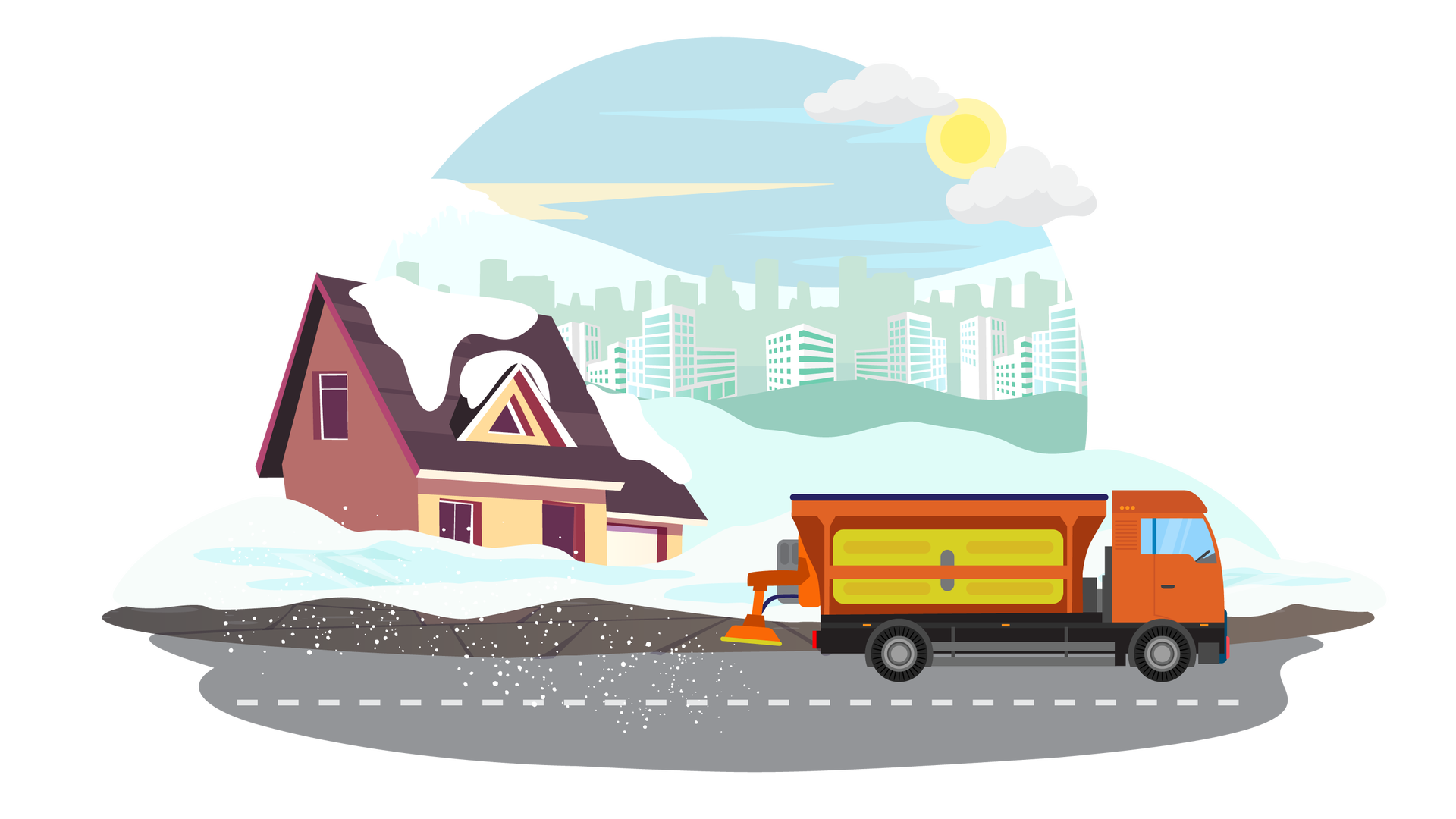 Ilustracja przedstawia miejski krajobraz. W tle widać zarys wysokich miejskich budynków oraz błękitne niebo ze słońcem i dwiema jasnymi chmurami. W centralnej części ilustracji, po lewej stronie, na ośnieżonym terenie stoi dom jednorodzinny o beżowych ścianach i ciemnobrązowym dachu. Na dachu również leży śnieg. Na pierwszym planie znajduje się ulica, którą po prawej stronie jedzie duży żółto‑pomarańczowy samochód. Z tyłu samochodu wystaje specjalne urządzenie do zdmuchiwania śniegu z ulicy. Za pojazdem unoszą się drobinki śniegu.