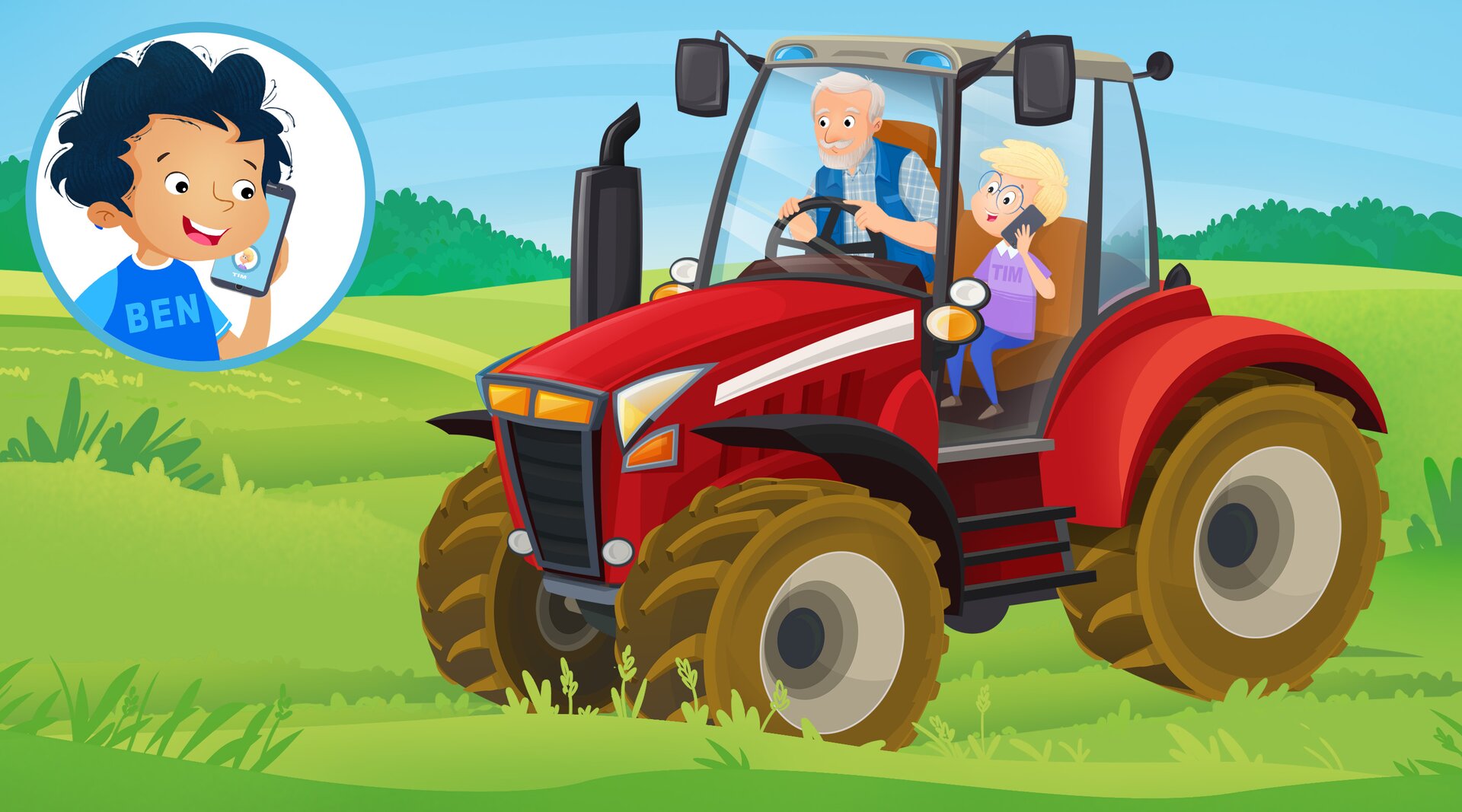 Ilustracja przedstawia Tima i dziadka jadących traktorem po polu. Tim rozmawia przez telefon z Benem.