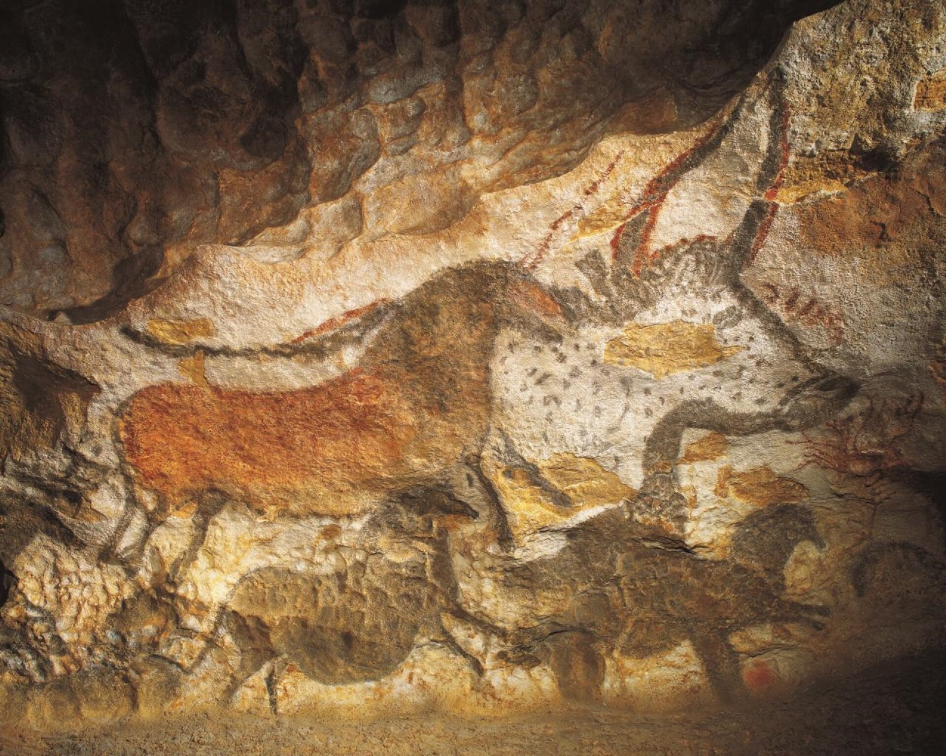 Ilustracja przedstawia prehistoryczne malowidło z jaskini Lascaux, będące przykładem sztuki europejskiej. Na jasnym, beżowym tle ściany ukazana została grupa zwierząt. Sylwetki namalowano szeroką plamą barwną oraz czarnym konturem o różnej grubości. W dole kompozycji znajdują się małe, czarne, biegnące konie o pękatych brzuchach. W centrum przedstawiony został brązowy, duży koń. Największym elementem sceny jest duża głowa byka o potężnych rogach, namalowana czarnym konturem, która znajduje się jakby w tle za biegnącym stadem. Syntetyczne malowidło wiernie oddaje charakterystyczne cechy przedstawionych zwierząt.