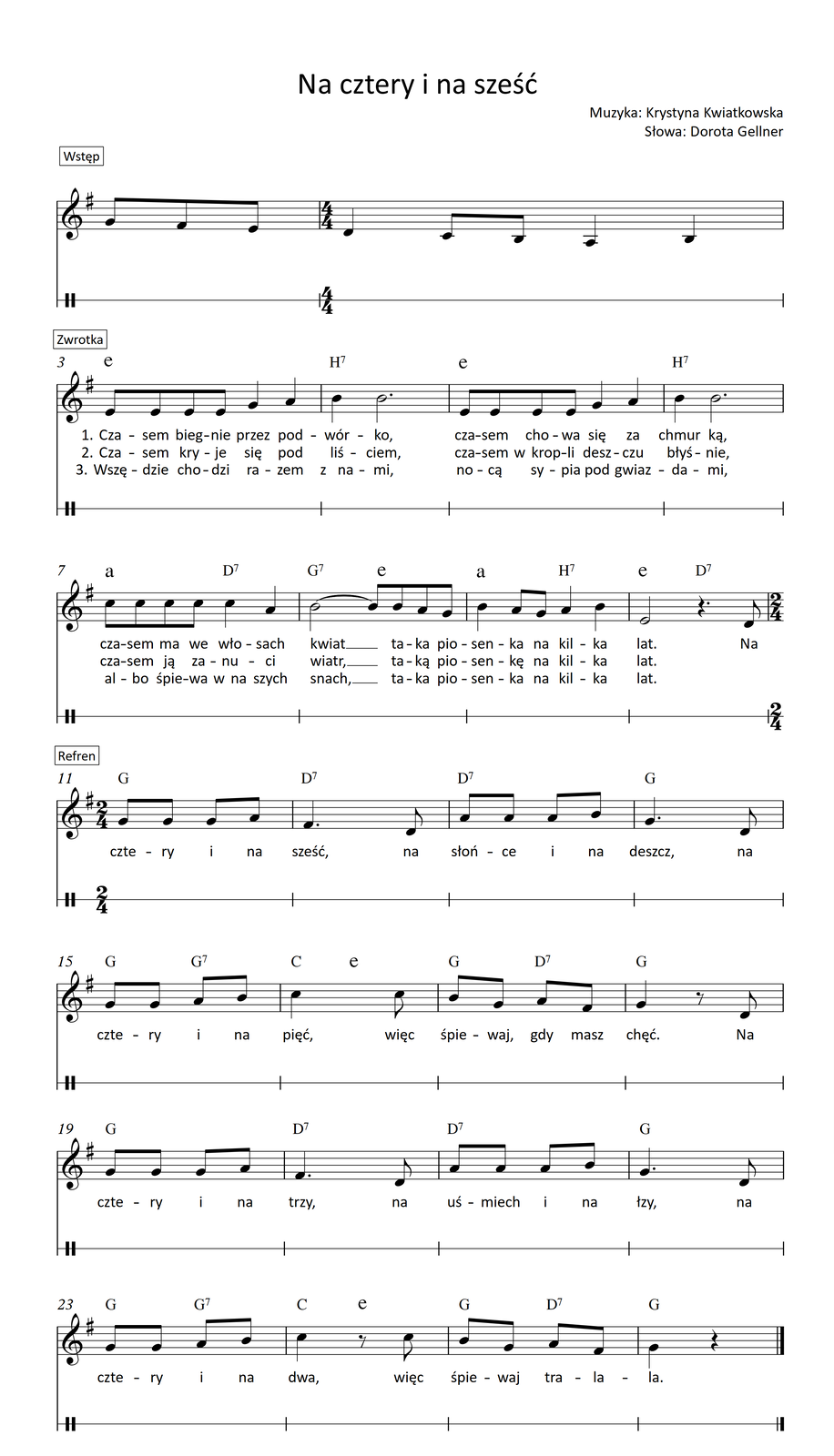 Partytura piosenki „Na cztery i na sześć” z pustą linią perkusyjną