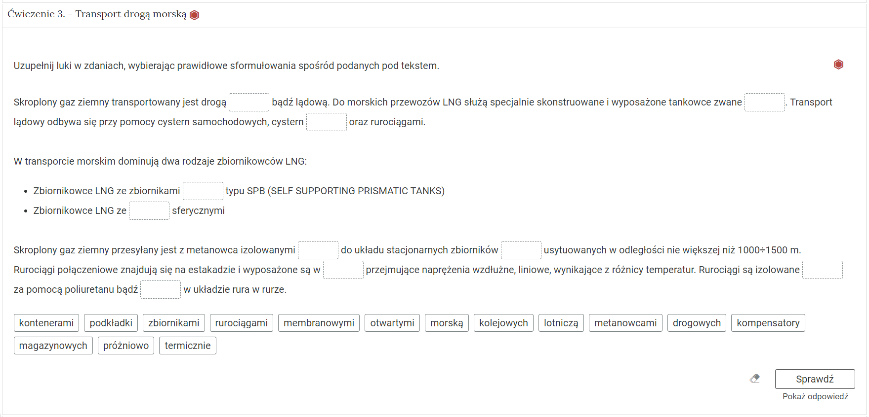 Zdjęcie przedstawia otwartą zakładkę z przykładowym zadaniem. Pod nazwą zakładki znajduje się polecenie. Pod poleceniem widać treść zadania z odpowiedziami do wyboru. Po prawej stronie polecenia widać żółty sześciokąt. Poniżej zadania, po prawej stronie panelu znajduje się ikona sprawdź. Po jej lewej stronie widać symbol gumki. Poniżej przycisku sprawdź znajduje się napis pokaż odpowiedź.