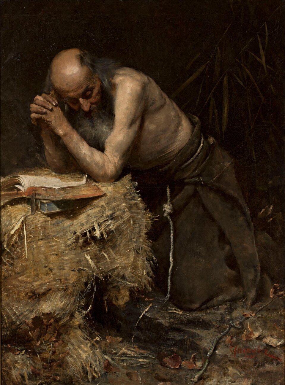 Obraz przedstawia półnagiego, klęczącego, brodatego starca. Mężczyzna ma złożone w modlitwie dłonie. Opiera łokcie na macie zrobionej z trzciny. Ma długą brodę, jest łysy, tylko przy uszach i po bokach rosną mu długie, rzadkie włosy. Przed nim leży rozłożona duża księga. Mężczyzna nosi obszerne, skórzane spodnie, które w pasie przewiązane są sznurem. Tło jest ciemne.