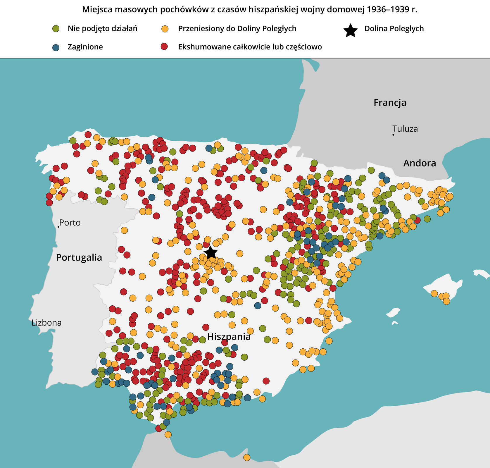 Mapa ukazująca groby masowych pochówków z czasów hiszpańskiej wojny domowej 1936 - 1939 rok. Ekshumowane całkowicie lub częściowo są pochowane w północnej i południowej części Hiszpanii. Przeniesione do Doliny Poległych zajmują cały teren kraju. Zaginione to głównie południe oraz północno - wschodnia część Hiszpanii. Groby wobec których nie podjęto żadnych działań zajmują południe kraju oraz północno - wschodnią część Hiszpanii. Dolina Poległych mieści się w samym centrum Hiszpanii.