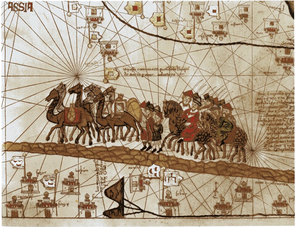 Obraz przedstawia wyobrażenie podróży Marco Polo karawaną przez Azję