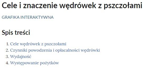 Grafika przedstawia przykładowy interaktywny spis treści umożliwiający nawigowanie między grafikami interaktywnymi. Na samej górze znajduje się tytuł e‑materiału: Cele i znaczenie wędrówek z pszczołami. Poniżej umieszczony został spis treści. Wymienione zostały w nim tytuły dostępnych w e‑materiale grafik interaktywnych. Pierwsza grafika to: Cele wędrówek z pszczołami. Druga plansza to: Czynniki powodzenia i opłacalności wędrówki. Trzecia plansza to: Wydajność. Czwarta plansza to: Występowanie pożytków. Kliknięcie jednego z dostępnych tytułów spowoduje przeniesienie do wybranej grafiki.