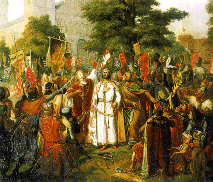 Obraz przedstawia Biskupa Puy mianującego Rajmunda z Tuluzy dowódcą I krucjaty. Rajmund trzyma się za serce i patrzy w niebo. Jest ubrany w białą szatę. Wokół niego stoją dziesiątki żołnierzy którzy trzymają przeróżne sztandary. Za nimi rosną drzewa i znajduje się katedra. 