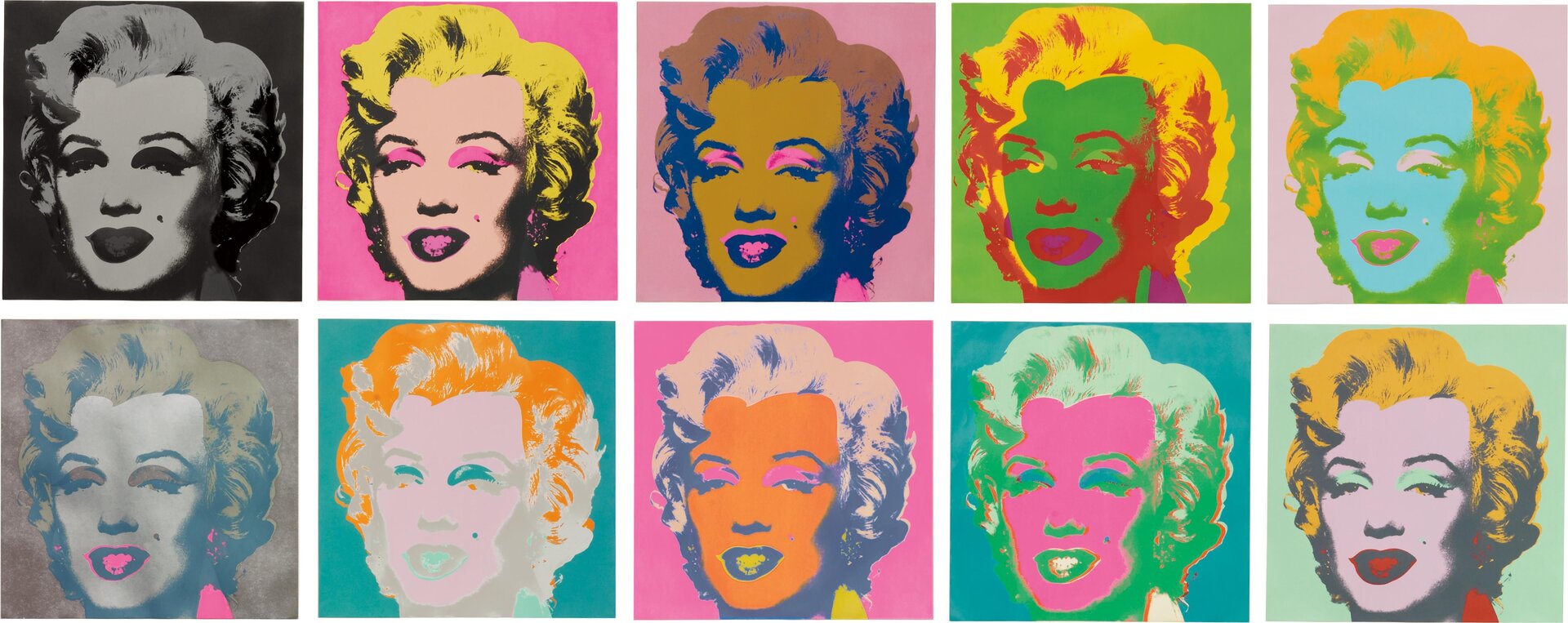  Ilustracja zawiera dziesięć portretów Marilyn Monroe. Kobieta została sportretowana en face, czyli, że patrzy się prosto na widza; ma średniej długości włosy, pomalowane oczy, i usta, a na policzku charakterystyczny pieprzyk. Każdy z portretów jest przedstawiony w innych kolorach. Można wyróżnić portret w odcieniach szarości, portret w odcieniach żółci i różu, portret w odcieniach zieleni, żółtego i czerwonego, portret w odcieniach niebieskiego, zielonego, żółtego i różowego oraz wariacje złożone z tych kolorów. 