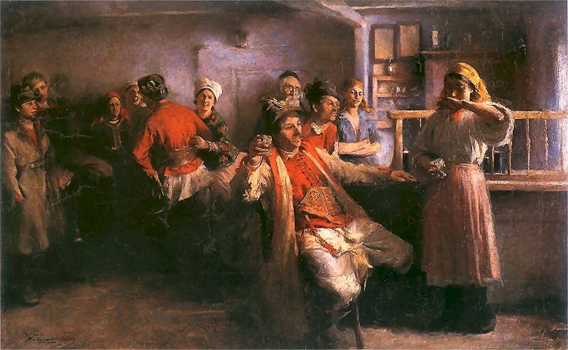 Obraz przedstawia scenę wewnątrz wiejskiej karczmy. W pomieszczeniu znajduje się kilkanaście osób – mężczyzn i kobiet – ubranych w stroje ludowe. Centralną postacią jest siedzący mężczyzna w czerwonym kaftanie, z kuflem w dłoni. Jego pozycja sugeruje, że jest głównym uczestnikiem towarzyskiego spotkania. Wokół niego stoją inni mężczyźni i kobiety, część z nich śmieje się lub rozmawia, niektórzy również trzymają naczynia z napojami. Po prawej stronie obrazu, przed ladą, stoi kobieta w chuście na głowie, podająca lub odbierająca naczynie. Tło pomieszczenia jest ciemne, oświetlone głównie światłem wpadającym z lewej strony. Na ścianie widać półki z naczyniami oraz otwartą szafkę. Podłoga jest nierówna, a pomieszczenie ma prostą, wiejską konstrukcję.