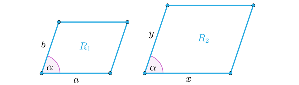 Ilustracja przedstawia dwa równoległoboki o kącie wewnętrznym o mierze alfa. Równoległobok R indeks dolny 1 koniec indeksu ma ramiona o długości a i b, równoległobok R indeks dolny 2 koniec indeksu ma ramiona o długości x i y.  