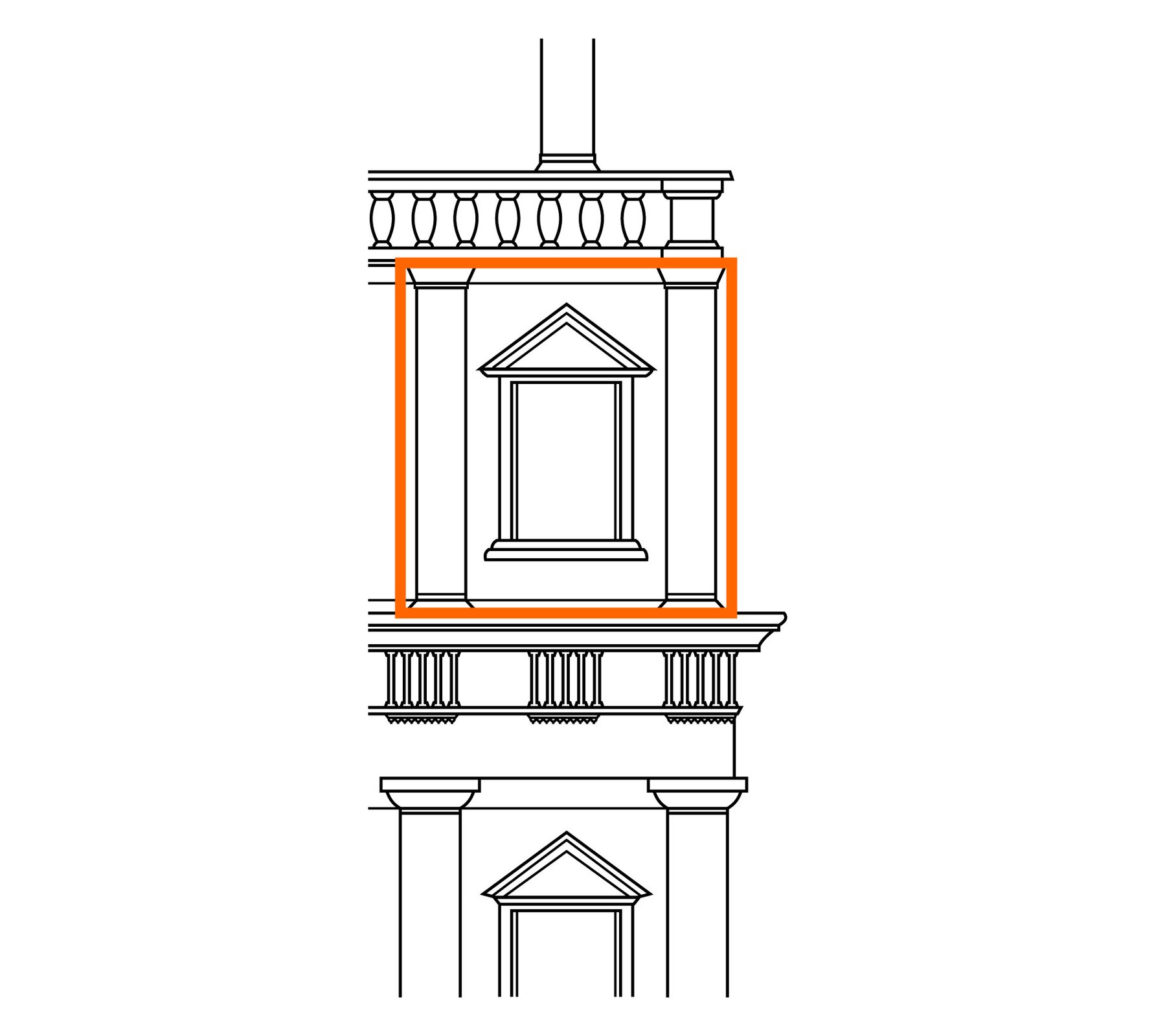 Ilustracja przedstawia fragment budynku posiadającego dwie kondygnacje, na których wyróżniono okna oraz zdobienia fasady. Na ilustracji umieszczona została pomarańczowa ramka, która okno oraz sąsiadujące z nią dwie kolumny. 