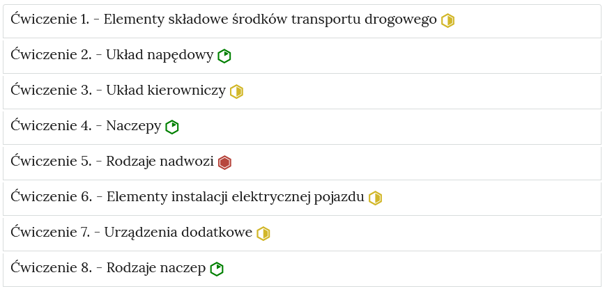 Przykładowy wygląd zakładek zawierających interaktywne materiały sprawdzające. Każda zakładka widoczna jest w postaci poziomego pasa, na którym widoczny jest nagłówek ćwiczenie, jego numer oraz tytuł zakładki, na przykład; Ćwiczenie dwa myślnik układ napędowy. Po wejściu w zakładkę kliknięciem lub tabulatorem, rozwija się jej zawartość.