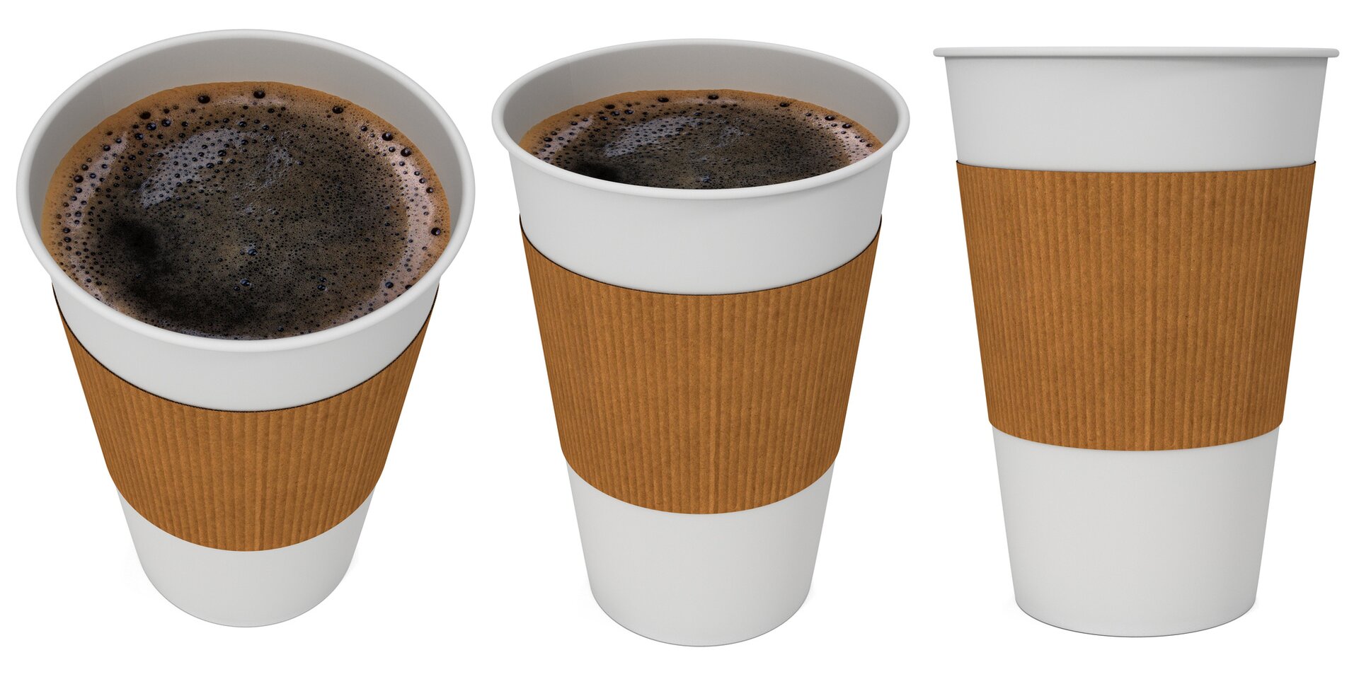 Ilustracja przedstawia trzy jednorazowe kubki z kawą - każdy ujęty jest z innego punktu widzenia. Pierwszy kubek ukazany jest z największego kąta patrzenia od góry. Punkt widzenia na drugi kubek jest obniżony i widoczna jest mniejsza powierzchnia kawy. Trzeci kubek ukazany jest frontalnie.