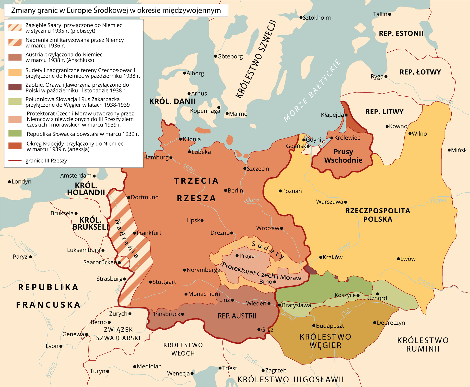 Mapa Europy. Prezentuje zmiany granic w Europie Środkowej w okresie międzywojennym. Zagłębie Saary przyłączone do Niemiec w styczniu 1935 r. (plebiscyt). Nadrenia zmilitaryzowana przez Niemcy w marcu 1936 r. Austria przyłączona do Niemiec w marcu 1938 r. (Anschluss). Sudety i nadgraniczne tereny Czechosłowacji przyłączone do Niemiec w październiku 1938 r. Zaolzie, Orawa i Jaworzyna przyłączone do Polski w październiku i listopadzie 1938 r. Południowa Słowacja i Ruś Zakarpacka przyłączone do Węgier w latach 1938–1939. Protektorat Czech i Moraw utworzony przez Niemców z niewcielonych do III Rzeszy ziem czeskich i morawskich w marcu 1939 r. Okręg Kłajpedy przyłączony do Niemiec w marcu 1939 r. (aneksja). Republika Słowacka powstała w marcu 1939 r.