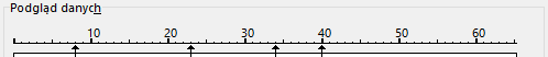 Ilustracja przedstawia fragment okna programu  Microsoft Excel  zatytułowany: Podgląd danych. W okienku znajduje się linijka z podziałką i zaznaczonymi liczbami: 10, 20, 30, 40, 50, 60. Od dołu do linijki prowadzą prostopadle strzałki, rozmieszczone w nieregularnych odstępach.   