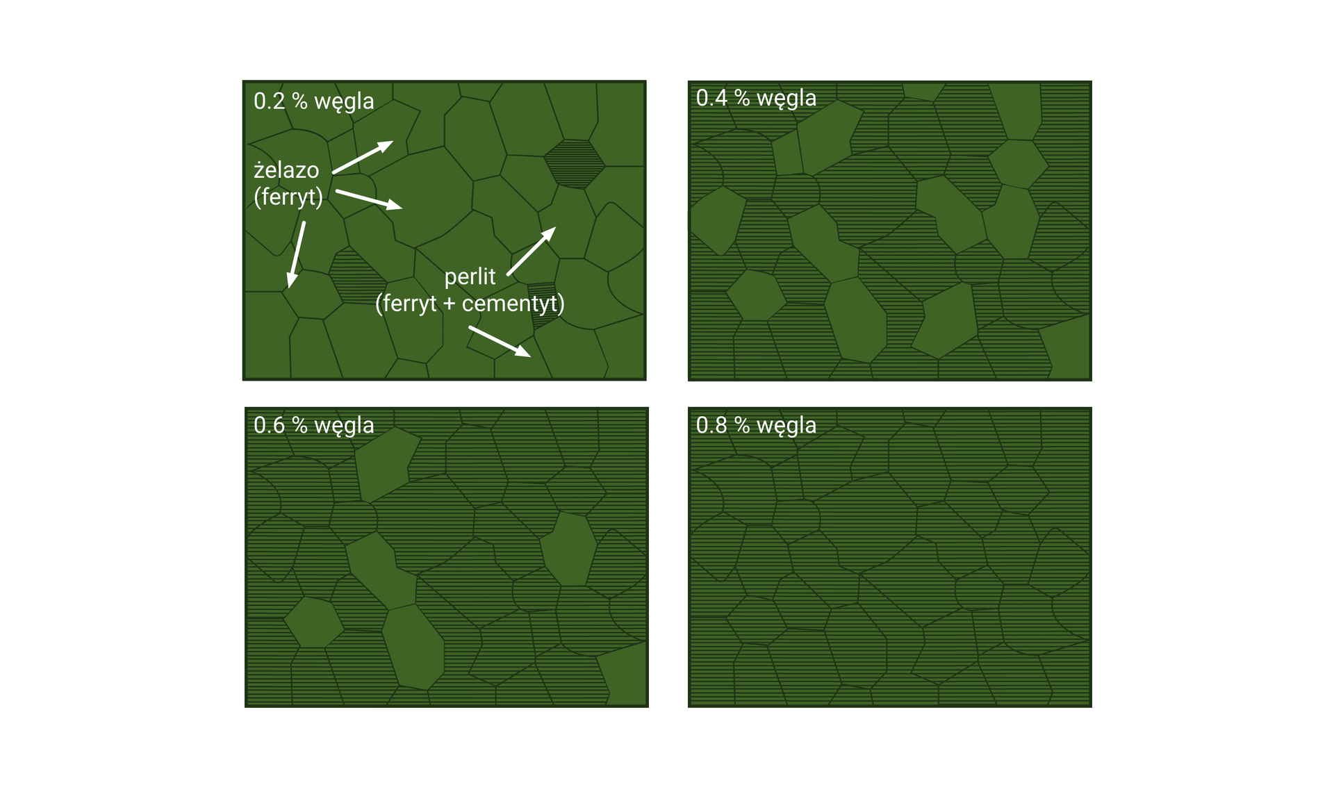 Ilustracja przedstawia zmiane mikrostruktury wraz ze zwiększeniem się ilości węgla w stali. Na pierwszym obrazku w lewym górnym rogu widać napis 0 przecinek dwa procent węgla poniżej żelazo (ferryt) i trzy strzałki poprowadzone od żelaza. Poniżej znajduję się napis perlit (ferryt plus cementyt) i trzy strzałki poprowadzone od napisu perlit. Na ilustracji znajduję się wiele figur, tylko trzy są zakreskowane.
Następna ilustracja w lewym górnym rogu napis 0 przecinek 4 procent węgla. 13 figur nie jest zakreskowanych, reszta jest.
Następna ilustracja w lewym górnym rogu napis 0 przecinek 6 procent węgla. 6 figur niezakreskowanych reszta zakreskowana. Następna ilustracja w lewym górnym rogu napis 0 przecinek osiem procent węgla. Wszystkie figury zakreskowane.