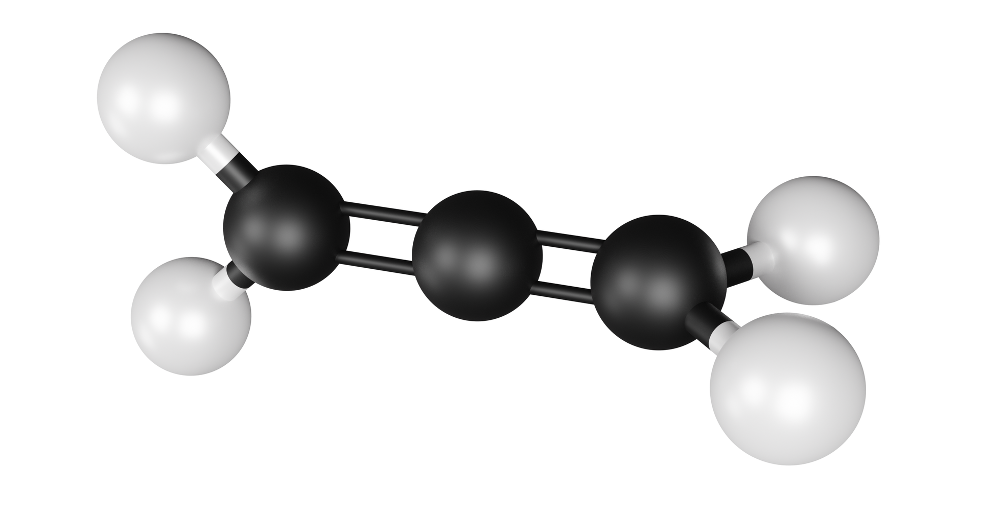 Ilustracja przedstawiająca model kulkowo‑pręcikowy cząsteczki propadienu. Czarne kulki reprezentują atomy węgla, zaś białe atomy wodoru. Atom węgla C 1 związany jest z dwoma atomami wodoru oraz z atomem węgla C 2 za pomocą wiązania podwójnego. Atom węgla C 2 łączy się za pomocą wiązani podwójnego z atomem węgla C 3, który to podstawiony jest dwoma białymi kulkami. Atomy wodoru przy węglu C 1 znajdują się w jednej płaszczyźnie z łańcuchem węglowy, z kolei jeden z atomów wodoru przy węglu C 3 wystaje przed płaszczyznę, zaś drugi za płaszczyznę. Pomiędzy atomami H C H oraz H C C są kąty równe po 120 stopni, zaś pomiędzy atomami C C C występuje kąt równy 180 stopni.