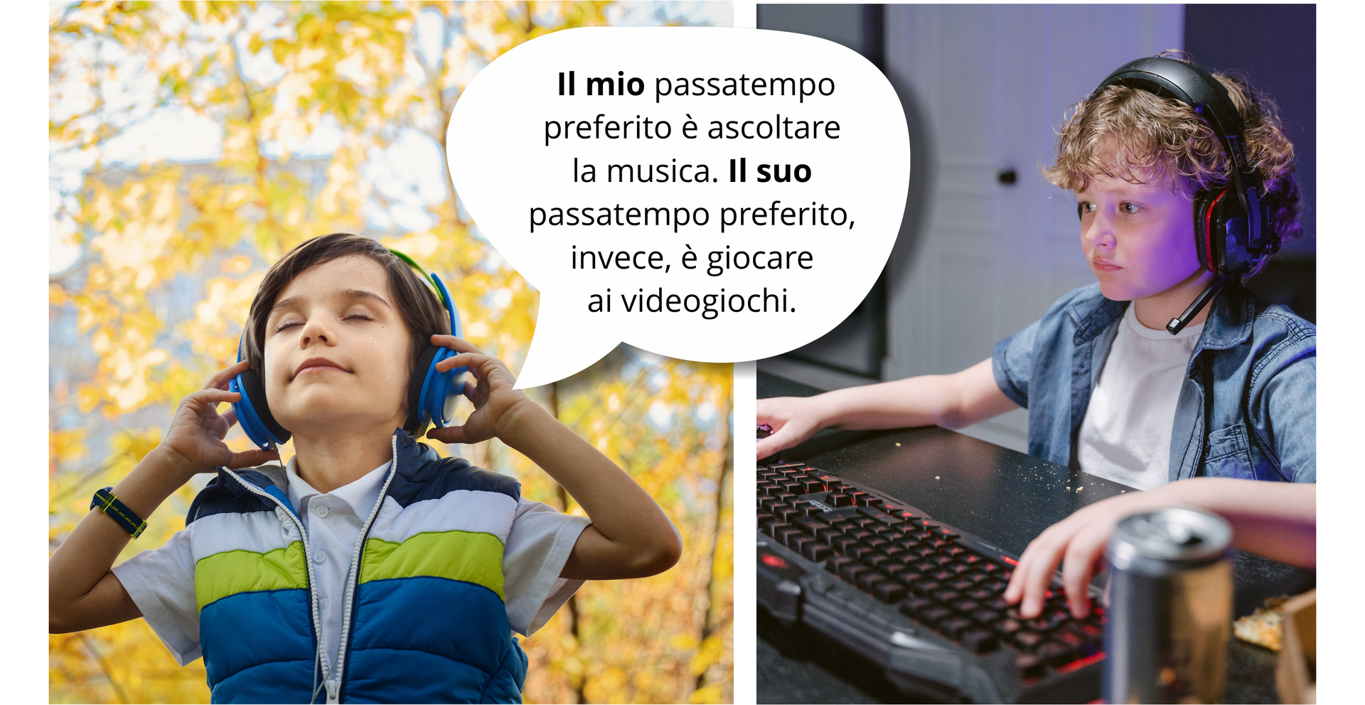 Ilustracja składa się ze zdjęcia podzielonego na pół. Po lewej znajduje się chłopak z słuchawkami na uszach. Chłopiec dotyka dłońmi słuchawek. Obok chłopca znajduje się dymek z tekstem: Il mio passatempo preferito è ascoltare la musica. Il suo passatempo preferito, invece, è giocare ai videogiochi. Po prawej stronie zdjęcia znajduje się chłopak, który siedzi przed komputerem. Chłopak ma także słuchawki na uszach. Ręce trzyma na klawiaturze komputera.
