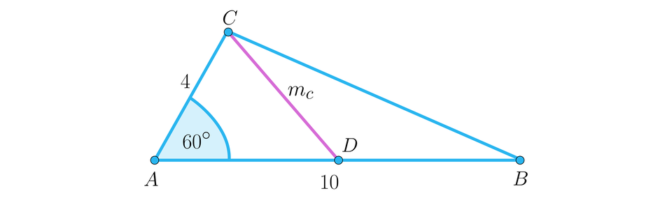 Ilustracja przedstawia trójkąt A B C. Podstawa trójkąta ma długość 10 jednostek. Ramię A C ma długość czterech jednostek. Kąt przy wierzchołku a wynosi 60 stopni. Z wierzchołka C poprowadzono środkową m indeks dolny c koniec indeksu tworzącą z podstawą punkt D. 