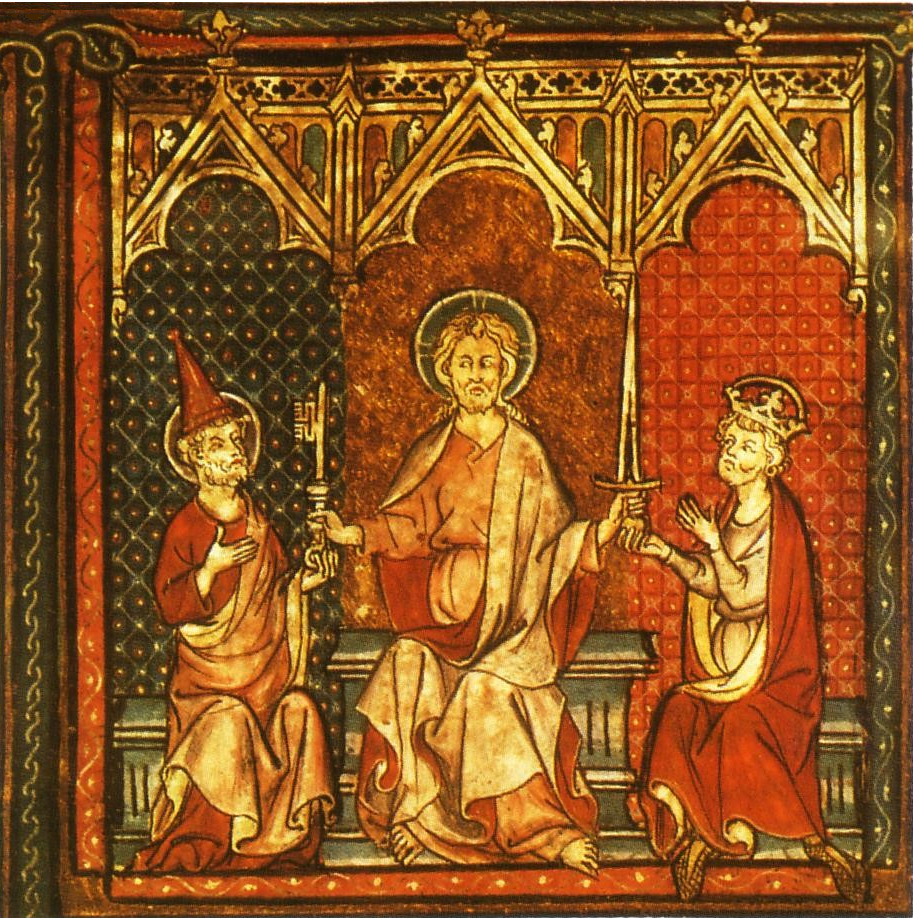 Na ilustracji znajduje się siedzący Jezus Chrystus w aureoli. Jest on ubrany w jasnoczerwone szaty. Po jego prawej stronie siedzi papież, któremu Jezus przekazuje ogromny złoty klucz. Po lewej jego lewej stronie siedzi cesarz, któremu wręcza miecz. Oni również są ubrani w jasnoczerwone szaty. Cesarz ma na głowie koronę, a papież wysoką, czerwoną czapkę. 