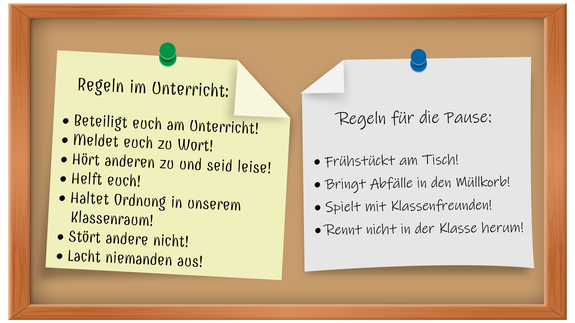 Ilustracja przedstawia tablicę korkową, na której przypięte są dwie karteczki z tekstem. Transkrypcja dostępna poniżej. 