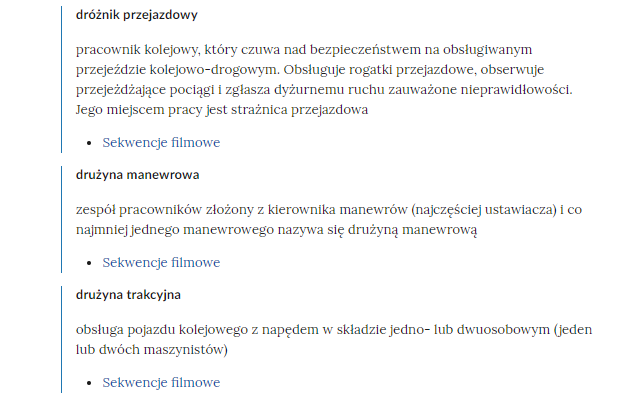Zrzut ekranu przedstawia kilka pojęć ze Słownika. Konstrukcja jest następująca: pojęcie, poniżej jego wyjaśnienie, a pod nim znajduje się link, po którego kliknięciu użytkownik przenosi się do rozdziału w tym materiale, w którym dane pojęcie jest wykorzystywane. Linków może być jeden lub kilka, w zależności od tego, w ilu rozdziałach użyto pojęcia.