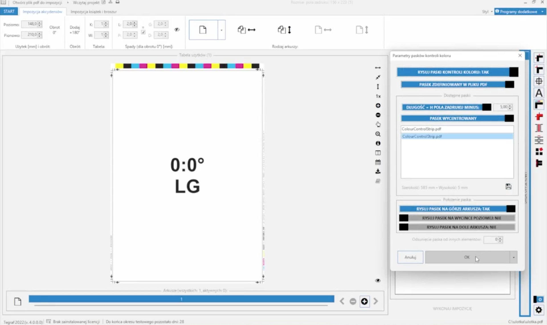 Grafika przedstawia przykładowy widok ekranu podczas wykonywania impozycji. W górnej części widoczne jest menu programu do impozycji. W części centralnej widoczny jest obszar roboczy programu z symulacją kartki i znacznikami. Po prawej stronie widoczny jest panel roboczy programu z ikonami funkcji programu.