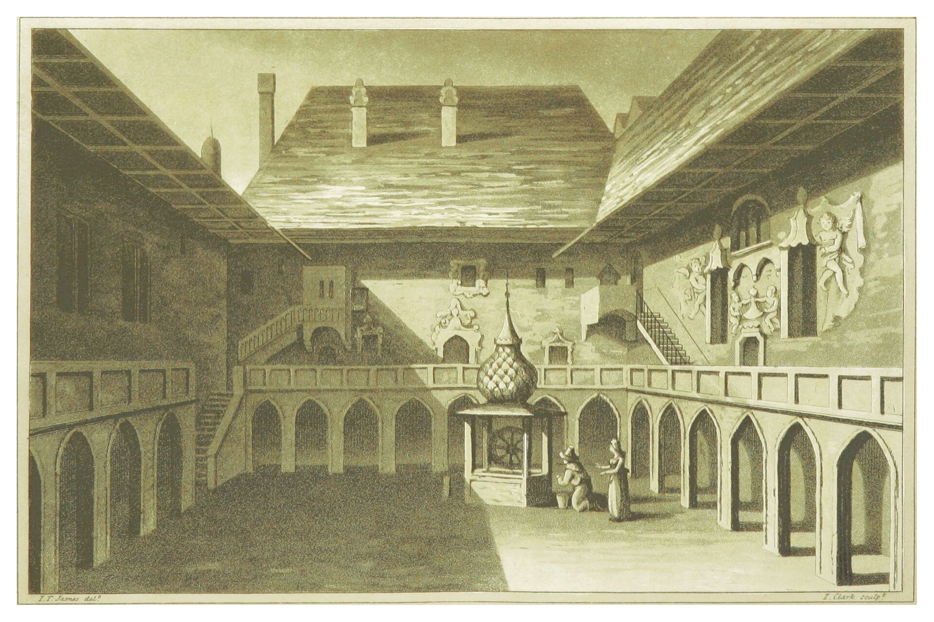 Ilustracja przedstawia dziedziniec, który otoczony jest piętrowymi ścianami. Wzdłuż nich znajdują się balkony, na które z parteru prowadzą schody. Budynki mają skośne dachy. Na dziedzińcu, z prawej strony ilustracji, widoczna jest studnia, której zadaszenie zakończone jest ozdobną kopułą. Przy studni znajdują się dwie osoby - jedna z nich stoi i ma na sobie długą suknię. Druga kuca przy studni - ma ona spodnie, koszulę oraz kapelusz. Ilustracja jest utrzymana w odcieniach żółci i szarości.