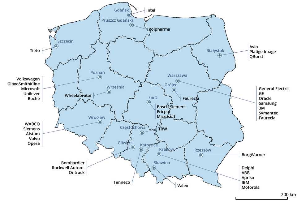 Mapa Polski przedstawia centra B+R. W Rzeszowie jest to BorgWarner. W Skawinie jest to Valeo. W Krakowie są to Delphi, ABB, Apriso, IBM oraz Motorola. W Katowicach jest to Tenneco. W Gliwicach jest to Bombardier, Rockwell Automation oraz Ontrack. W Częstochowie jest to TRW. We Wrocławiu są to WABCO, Siemens, Alstom, Volvo oraz Opera. We Wrześni jest to Wheelabrator. W Poznaniu są to Volkswagen, GlaxoSmithKline, Microsoft, Unilever oraz Roche. W Szczecinie jest to Tieto. W Gdańsku jest to Intel. W Pruszczu Gdańskim jest to Polpharma. W Białymstoku jest to Avio, Platige Image oraz QBurst. W Warszawie są to General Elevtric, GE, Oracle, Samsung, 3M, Symantec oraz Faurecia. W Grójcu jest to Faurecia. W Łodzi są to Bosh‑Siemens, Ericpol oraz Microsoft.